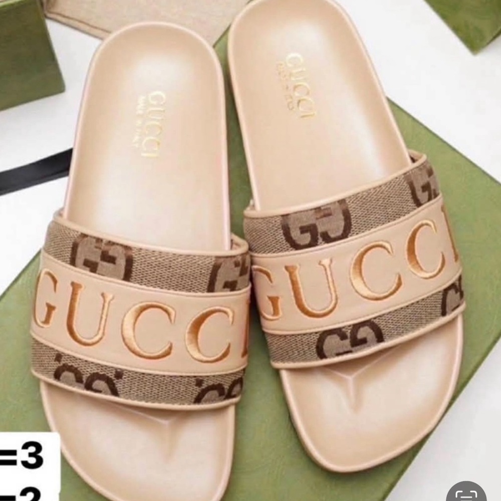 Beige and Gold Logo Slide Sandals